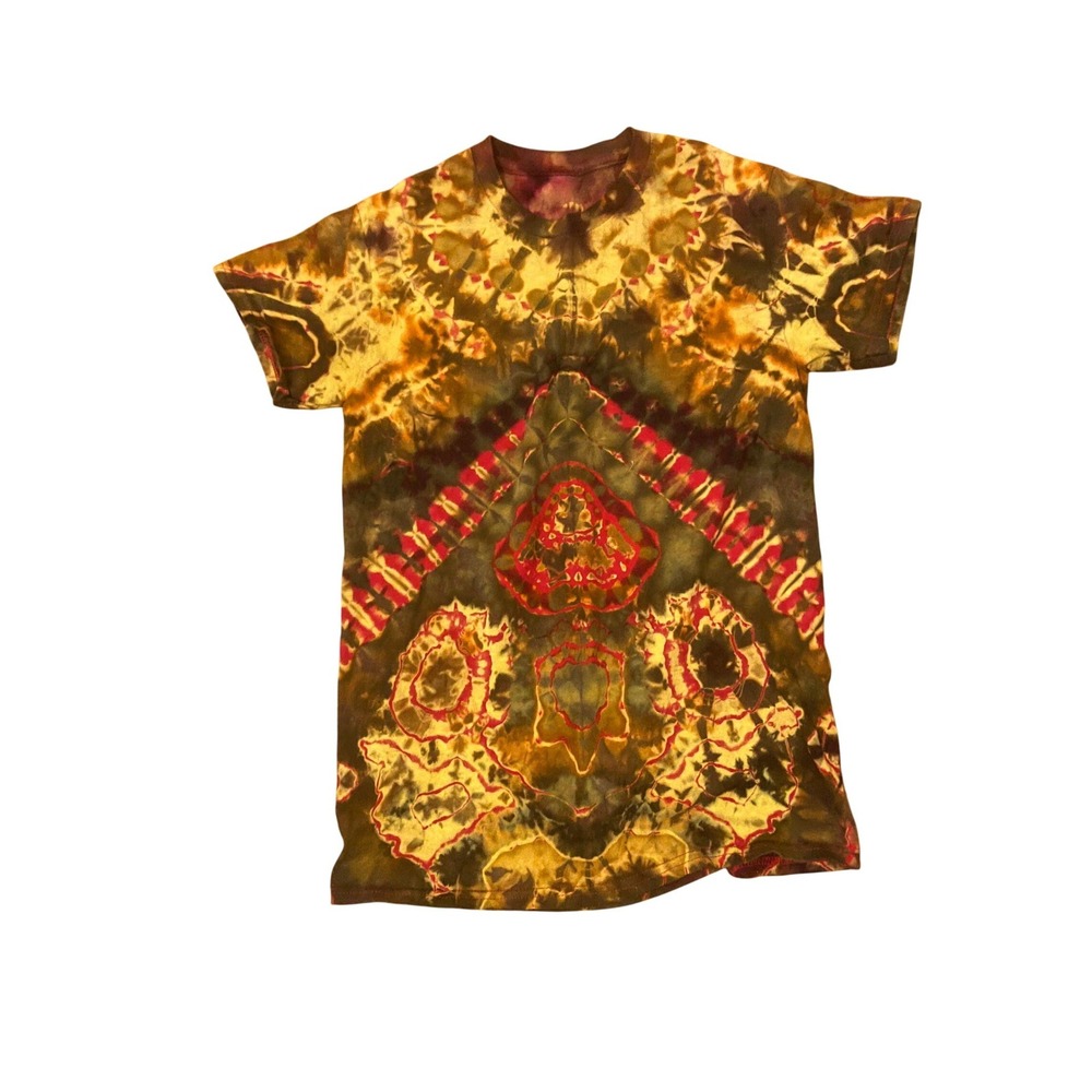 Handmade Ice Dye Tie Dye T-Shirt Brown Gold Red Mandala Geometric Psychedelic